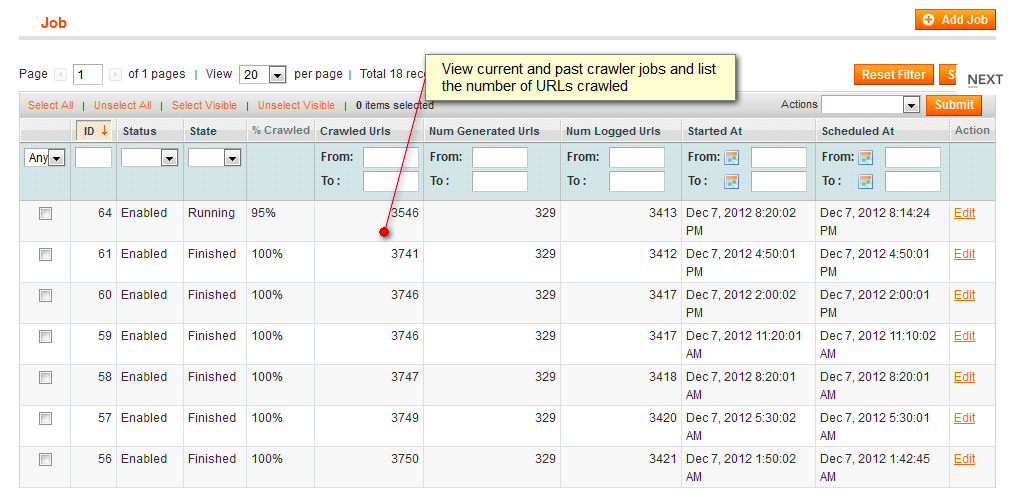 View current and past crawler jobs